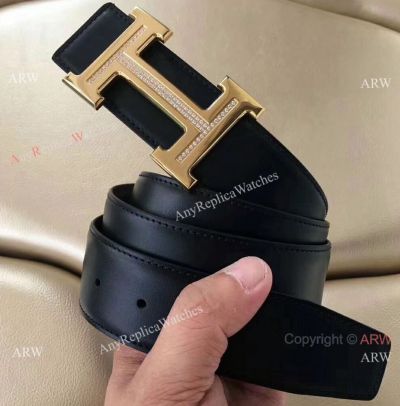 Hermes Black Smooth Belt - Diamond Inlay Gold buckle Best Copy